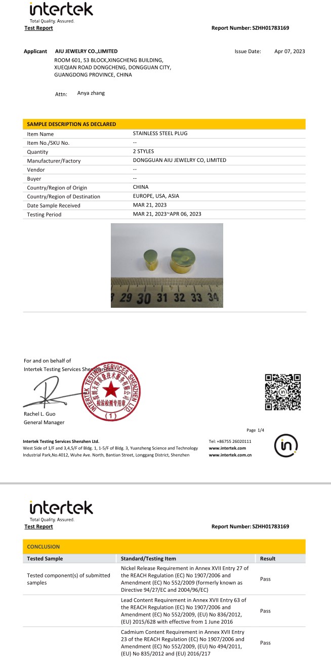 stainless steel hypoallergenic testing report