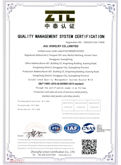 AIU ISO9001 Quality Management System certification