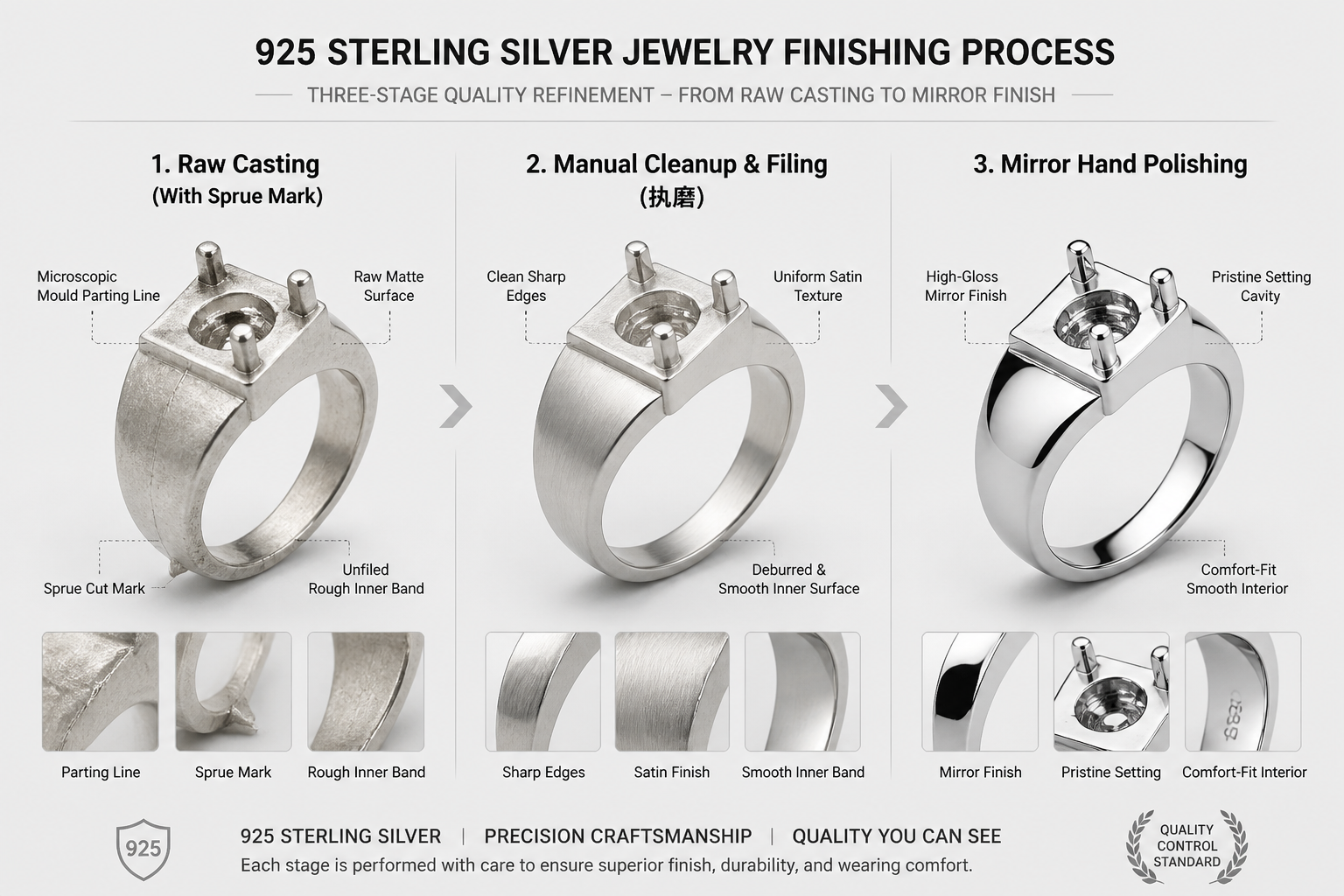 3 Stages of Post-Casting Cleanup: Raw Casting, Manual Filing (执磨), and Mirror Polishing