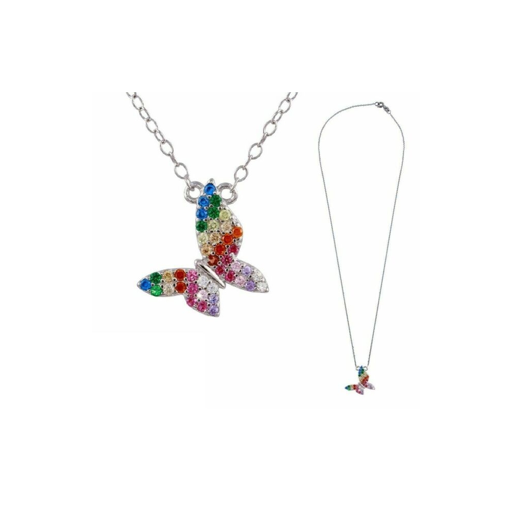 Manufacture long chain pendant necklace rainbow cubic zirconia small multicolored butterfly necklace