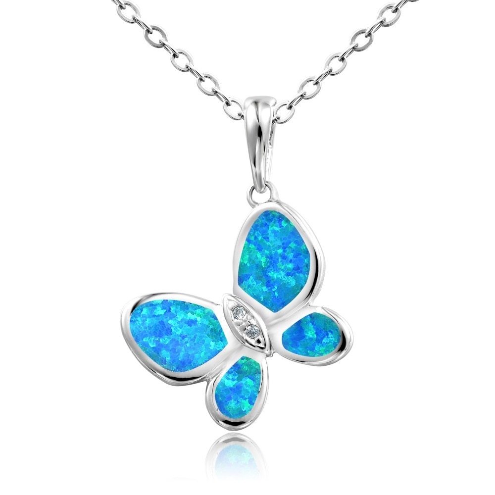 Custom high quality women jewelry white cubic zirconia 925 sterling silver fire blue opal butterfly necklace