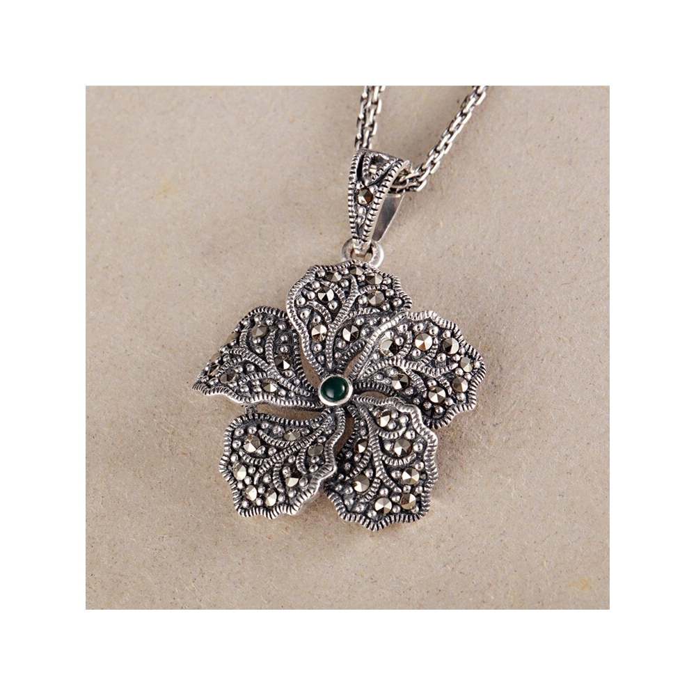 Custom flower pendant retro vintage oxidized 925 sterling silver brown cubic zirconia marcasite necklace