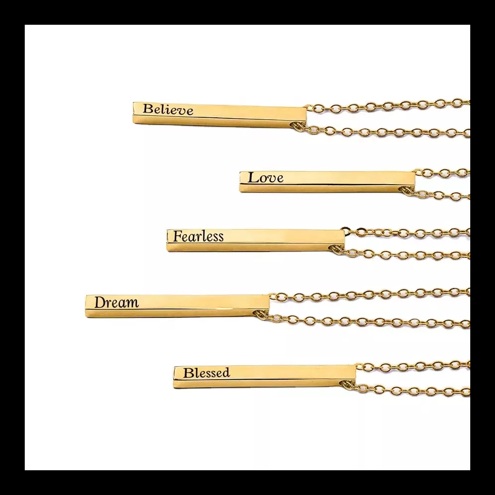 Custom personalized engraved alphabet bar charm real 14k 18k gold plated letter pendant necklace