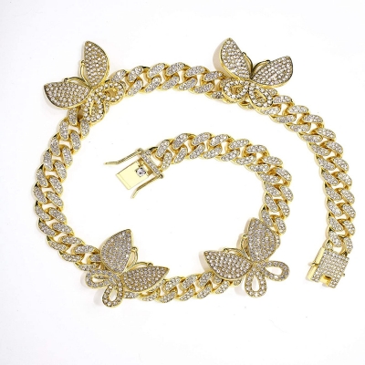 Wholesale luxury hip hop ice butterflies gemstone crystal fashion real gold plated cuban link butterfly necklace