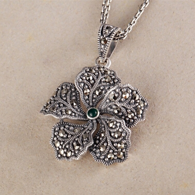 Custom flower pendant retro vintage oxidized 925 sterling silver brown cubic zirconia marcasite necklace