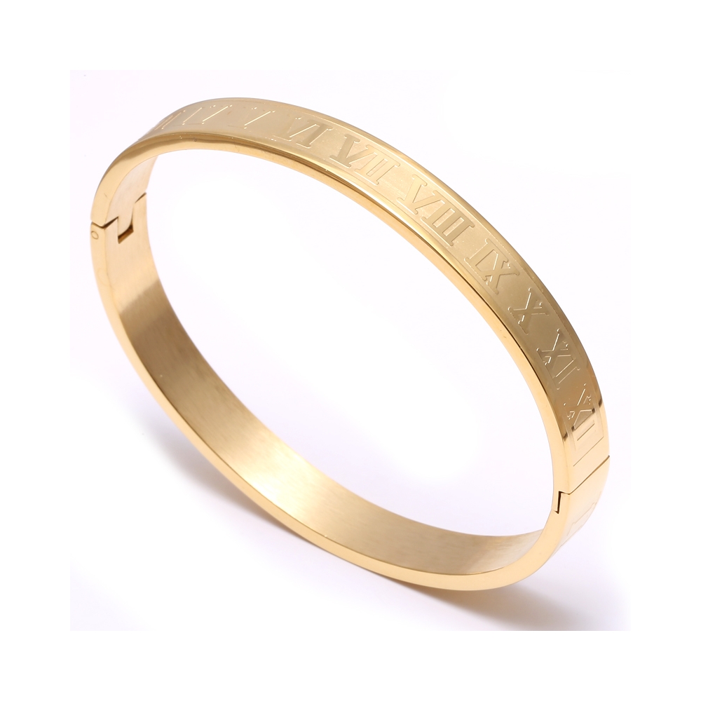 Fashion jewelry real gold plated open wide band design custom roman numeral bangle