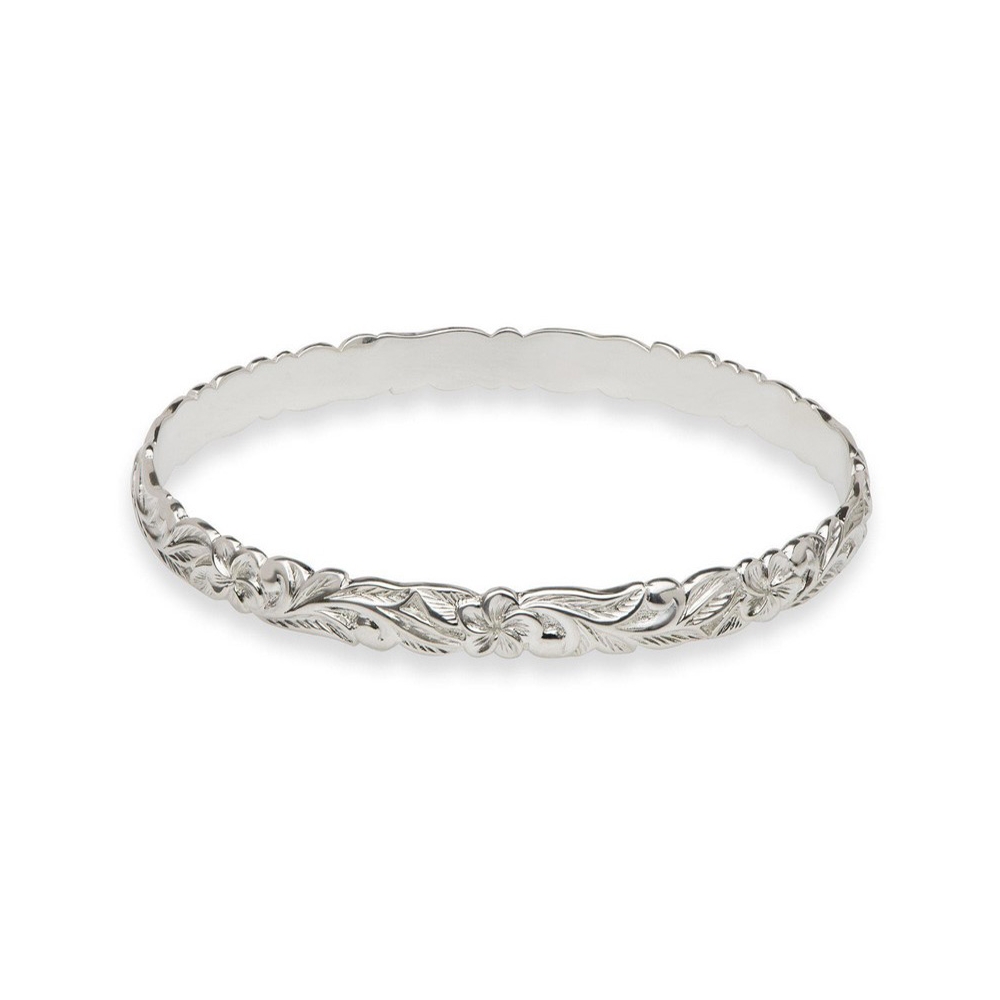 High quality handmade engraving Hawaiian heirloom plumeria scroll sterling 925 sterling silver bangle