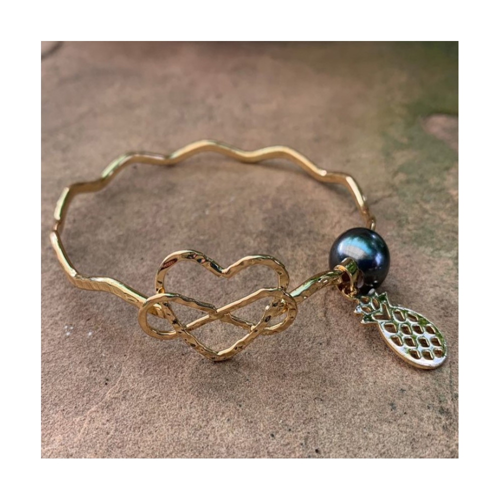 Real 18k gold plated handmade hammered fashion hawaiian shell bead natural freshwater pearl bracelet bangle