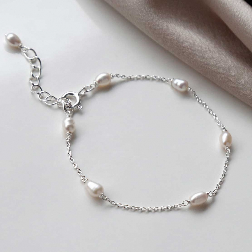Custom natural freshwater pearl jewelry link chain 925 sterling silver bracelet for women