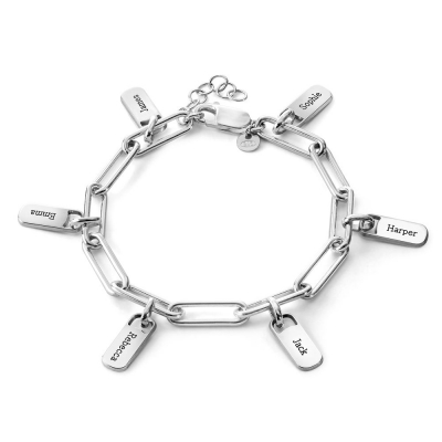 Manufacture engraved letter logo charms rectangle bar paper clip 925 sterling silver charm bracelet
