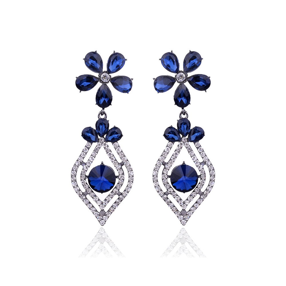 Vintage big drop earrings, deep blue zircon gem earrings for women
