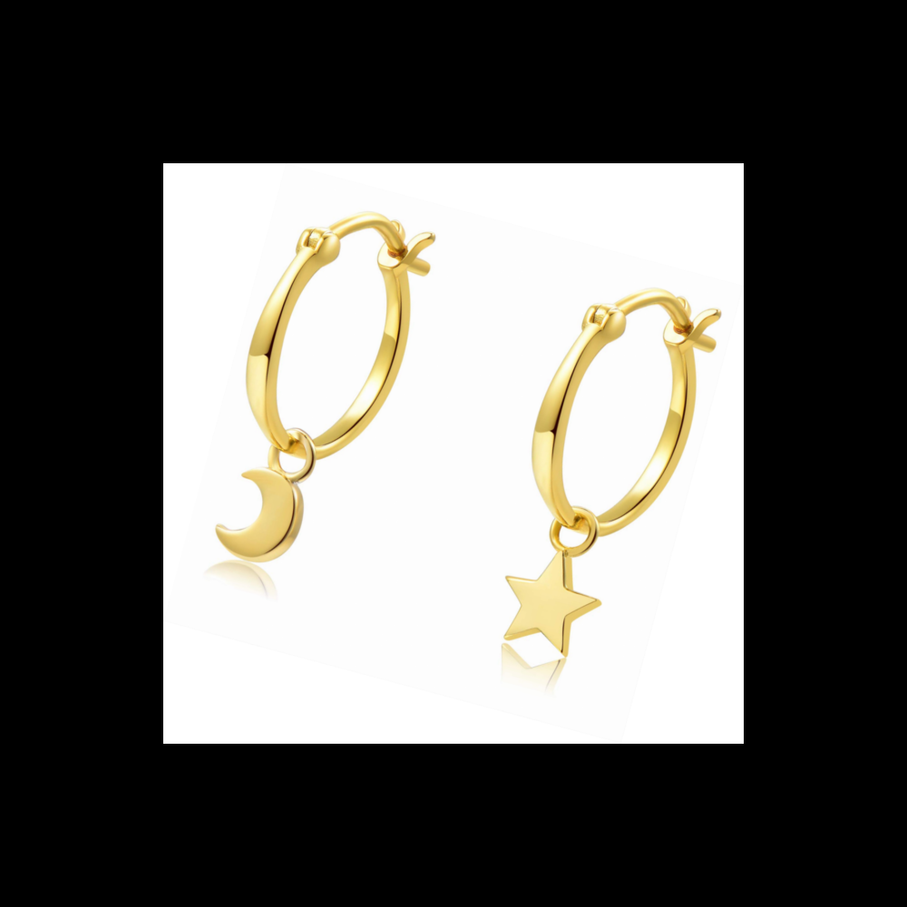 Lovely gold vermeil earrings, star-moon asymmetrical charm earrings