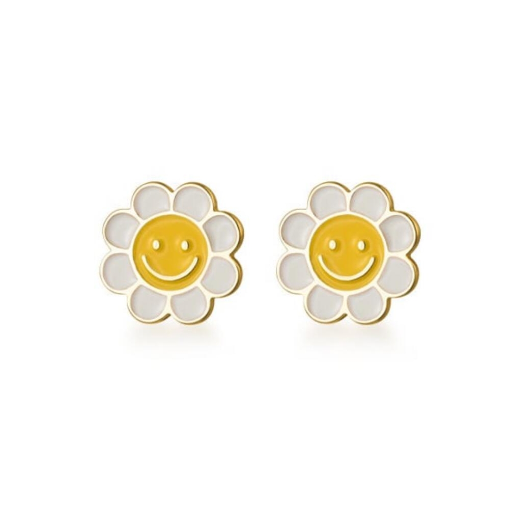 925 Silver Enamel Smiley Face Sunflower Earrings