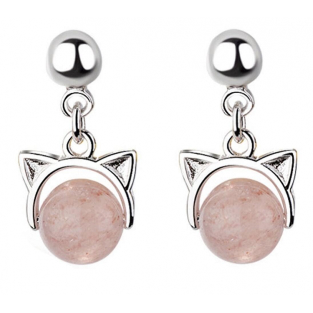 925 silver box Pink Crystal Cat Earrings