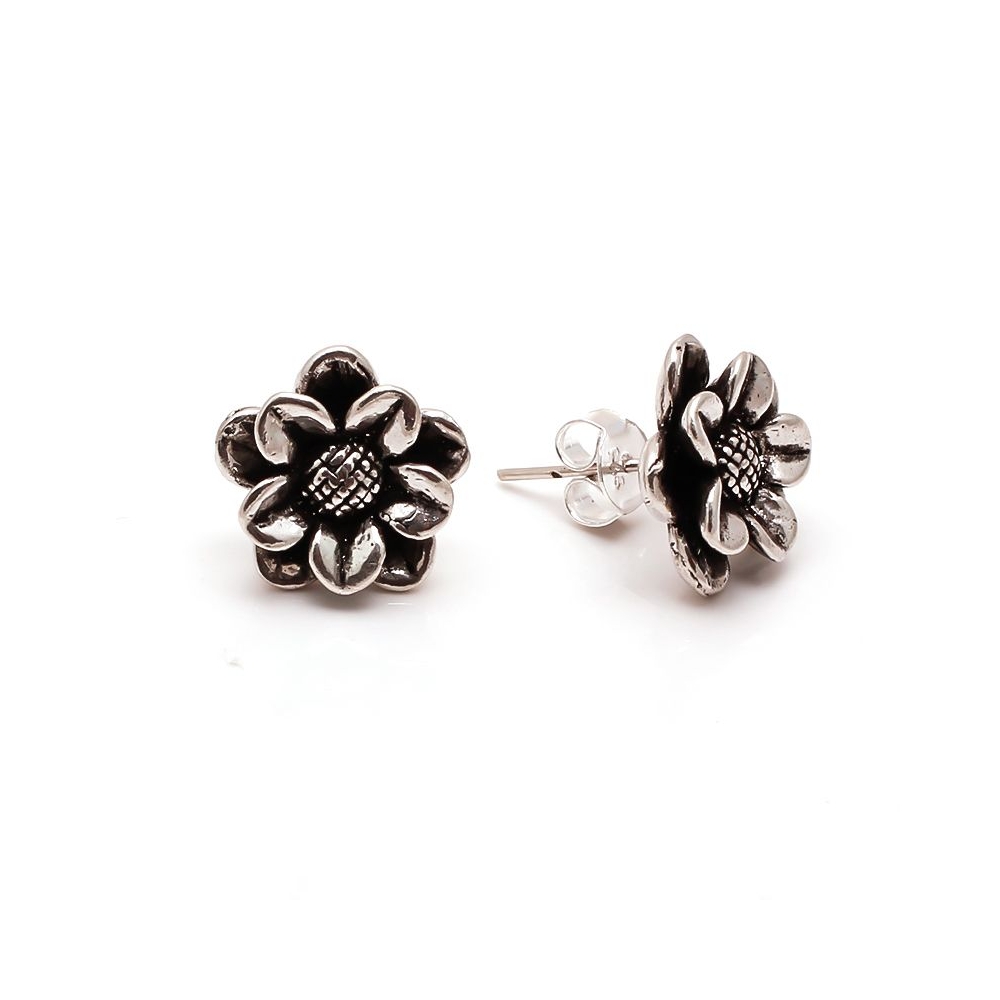 Custom antique earrings sterling silver, realistic oxidized silver flower earrings
