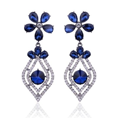 Vintage big drop earrings, deep blue zircon gem earrings for women