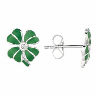 Custom enamel silver earrings,Green enamel four-leaf clover earrings