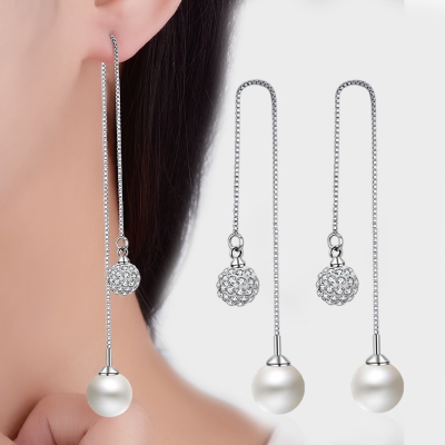 Delicate Pearl earrings, 925 silver long chain pearl earrings for women