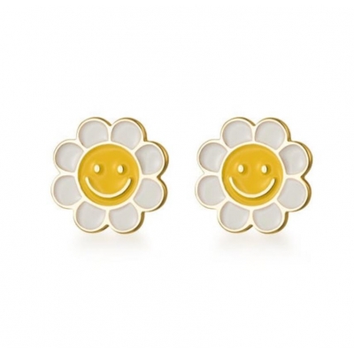 925 Silver Enamel Smiley Face Sunflower Earrings