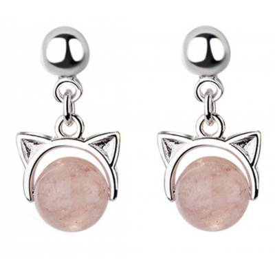 925 silver box Pink Crystal Cat Earrings