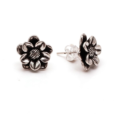 Custom antique earrings sterling silver, realistic oxidized silver flower earrings
