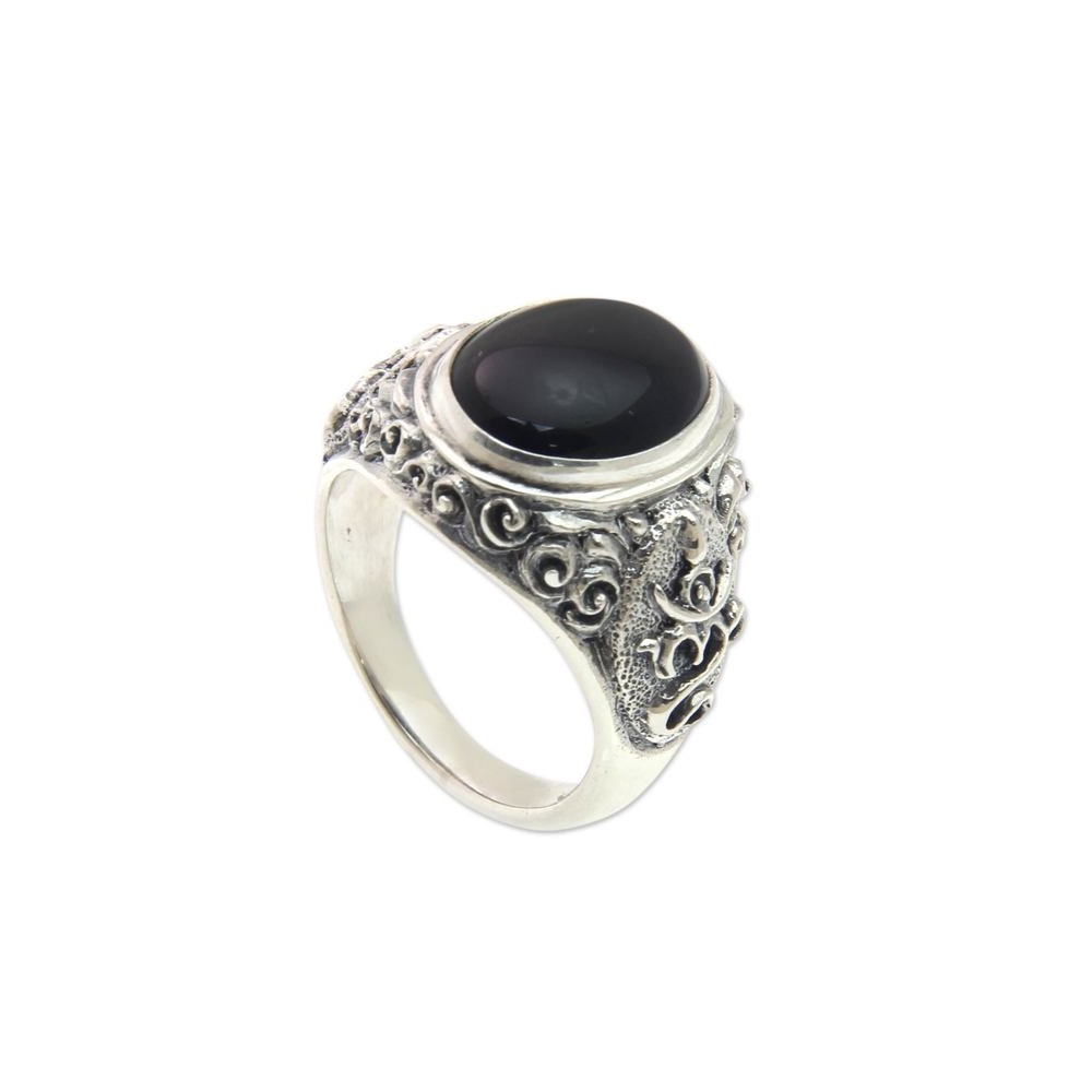Gemstone jewelry high quality engraved design oxidization 925 sterling silver vintage black onyx ring
