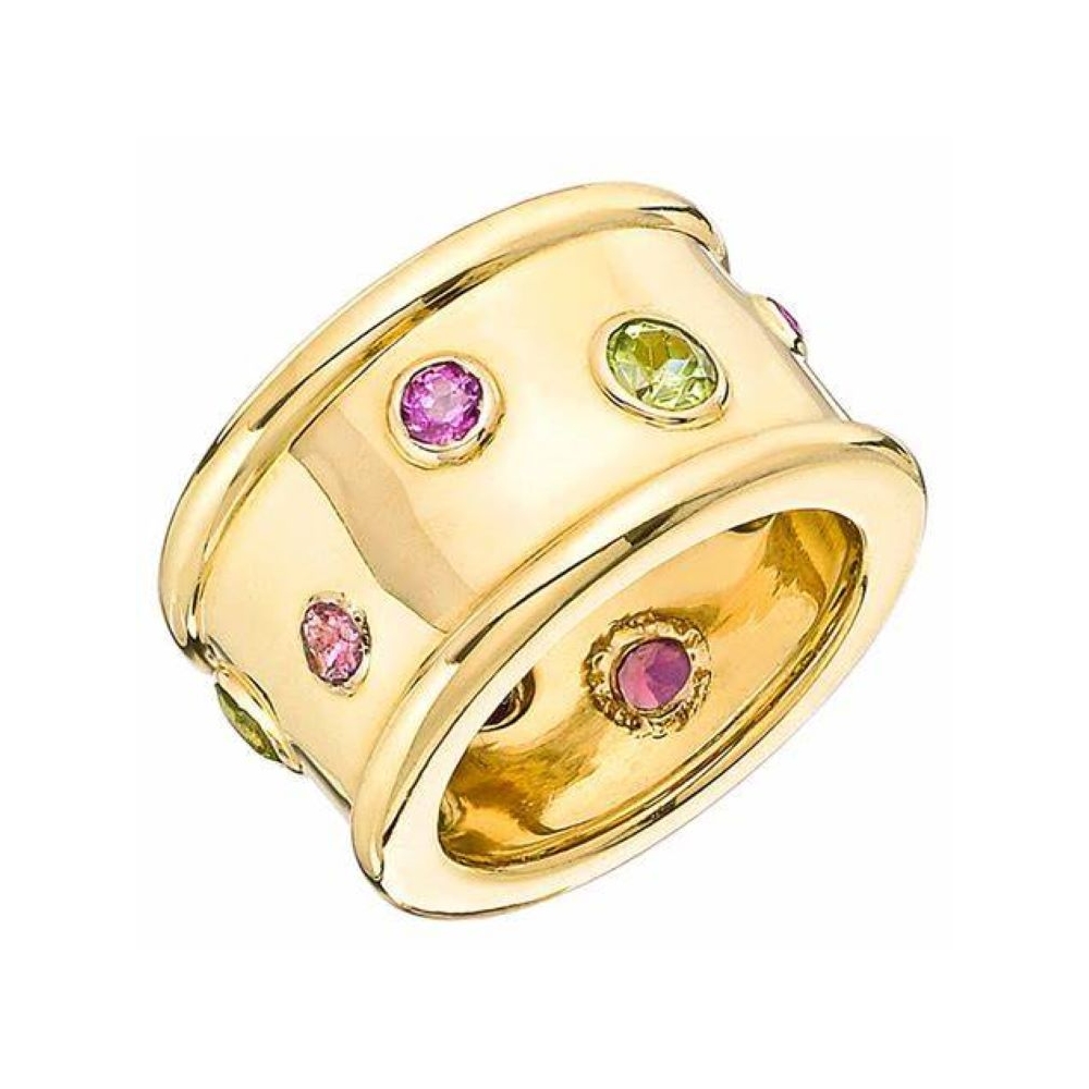 Custom fashion jewelry birthstone rhinestone rings design real 14k 18k gold plated wide band ring