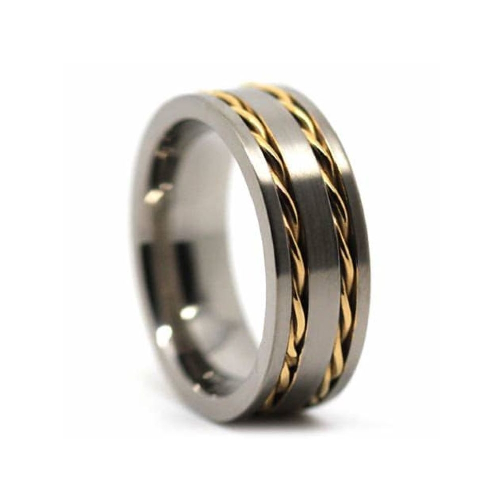 Fashion men jewelry wide band rings two channel rope chain inlay 18k gold plated titanium ring
