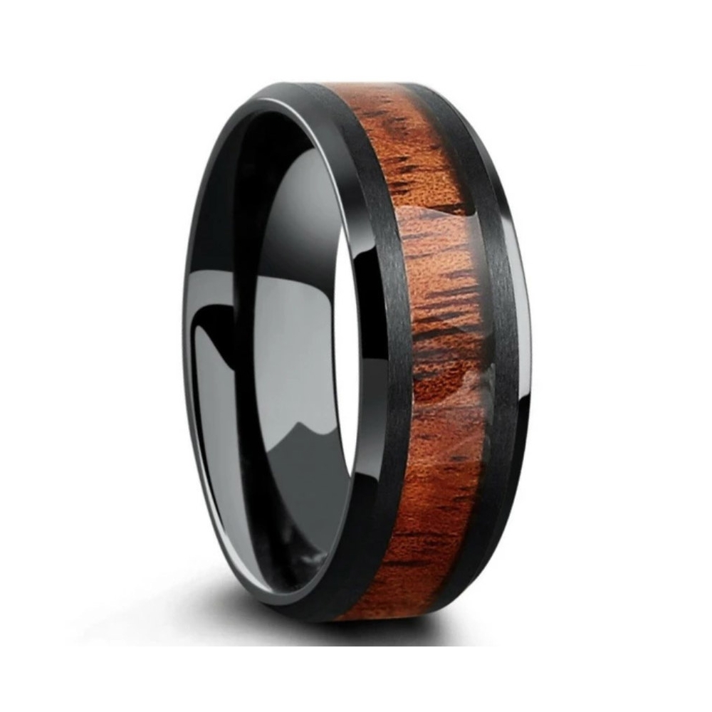 Manufacture channel core natural koa wood inlay fashion jewelry black gold stainless steel custom ring men