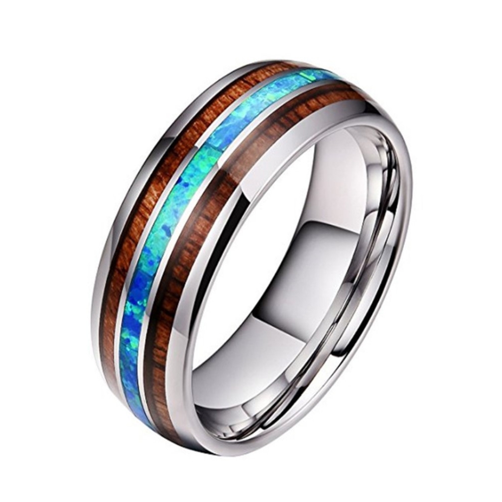 Manufacture channel core groove natural koa wood blue opal inlay high polished 316 stainless steel Polynesian ring