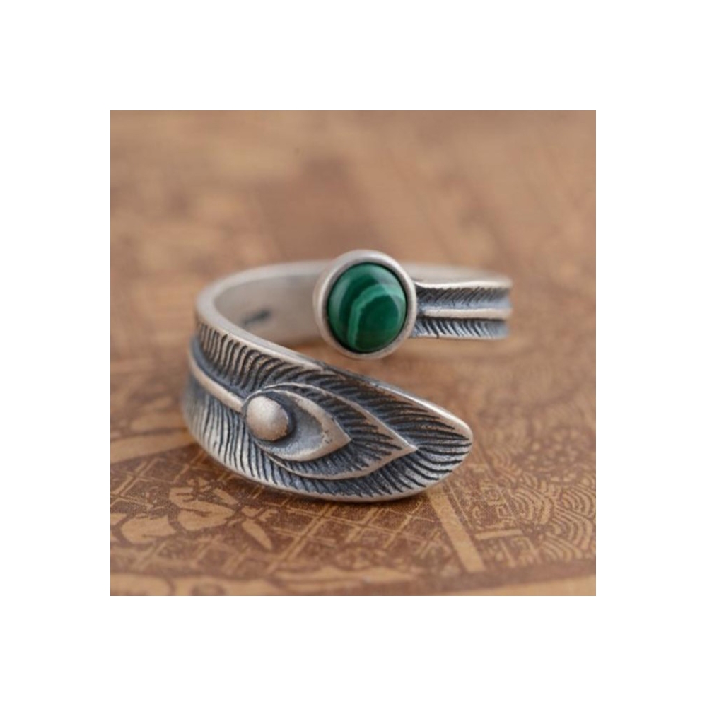 Customized gemstone malachite vintage 925 sterling silver with antique peacock feather spoon adjustable ring