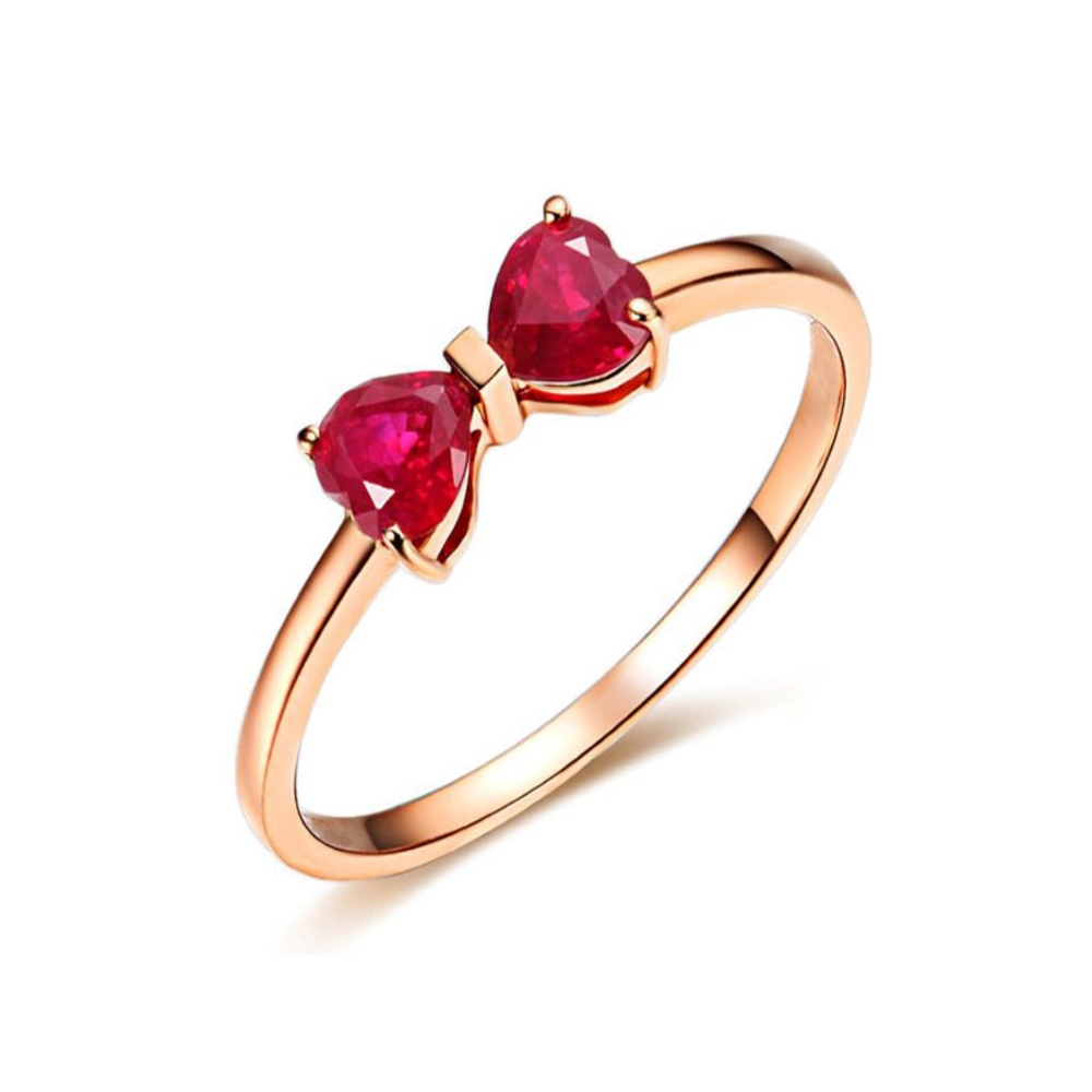 Manufacture women jewelry rose gold plated double heart design pink color gemstone ring