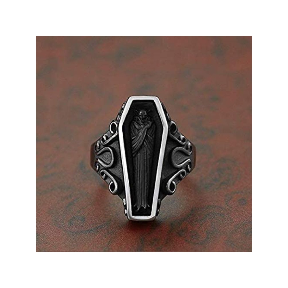 定制万圣节吸血鬼哥特式骷髅戒指珠宝复古黑色925纯银棺材戒指