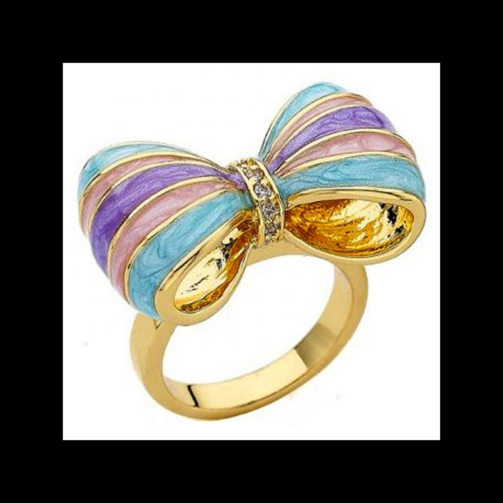 Manufacture women jewelry fashion ring real 18k gold plated rainbow enamel bowknot rings aesthetic
