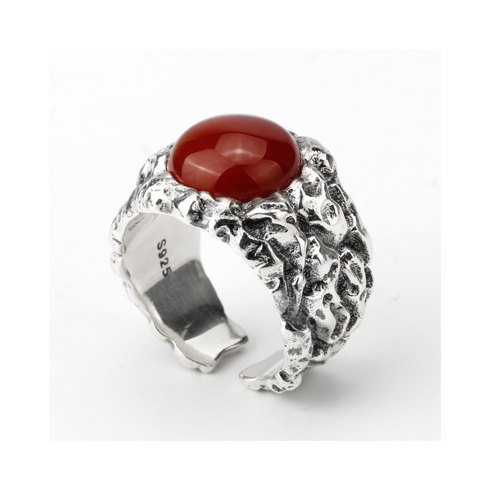 Manufacturer red stone oxidized silver vintage men rings open adjustable man ring gemstone 925 sterling silver