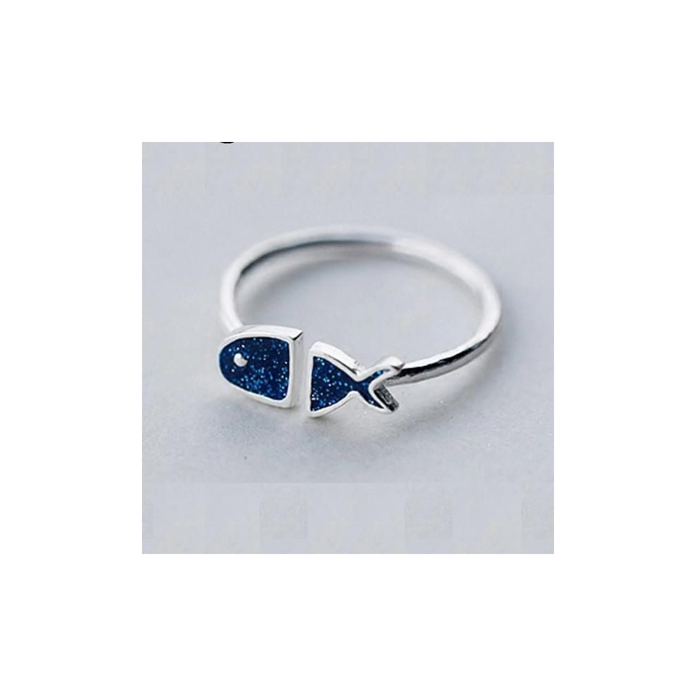 定制深蓝色砾石宝石鱼开放可调节手指戒指925纯银戒指设计的女孩