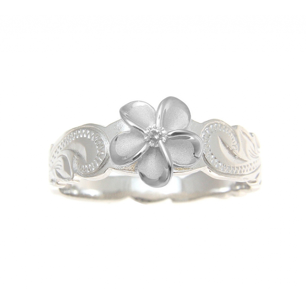 Manufacture cubic zirconia plumeria matte 925 sterling silver ring handmade engraving scroll hawaiian silver rings