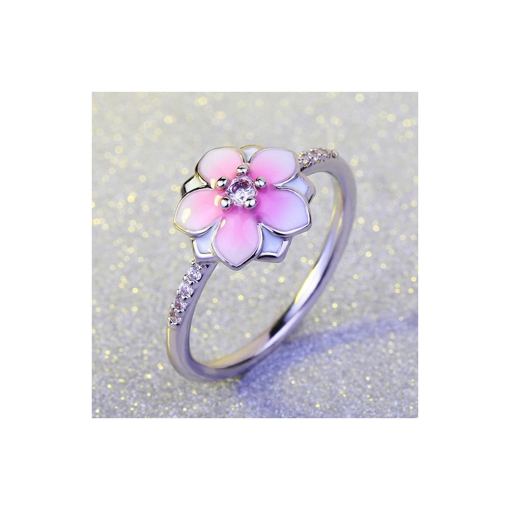 制造商女少女可爱的粉红色珐琅立方氧化锆豪华华丽的花925银戒指