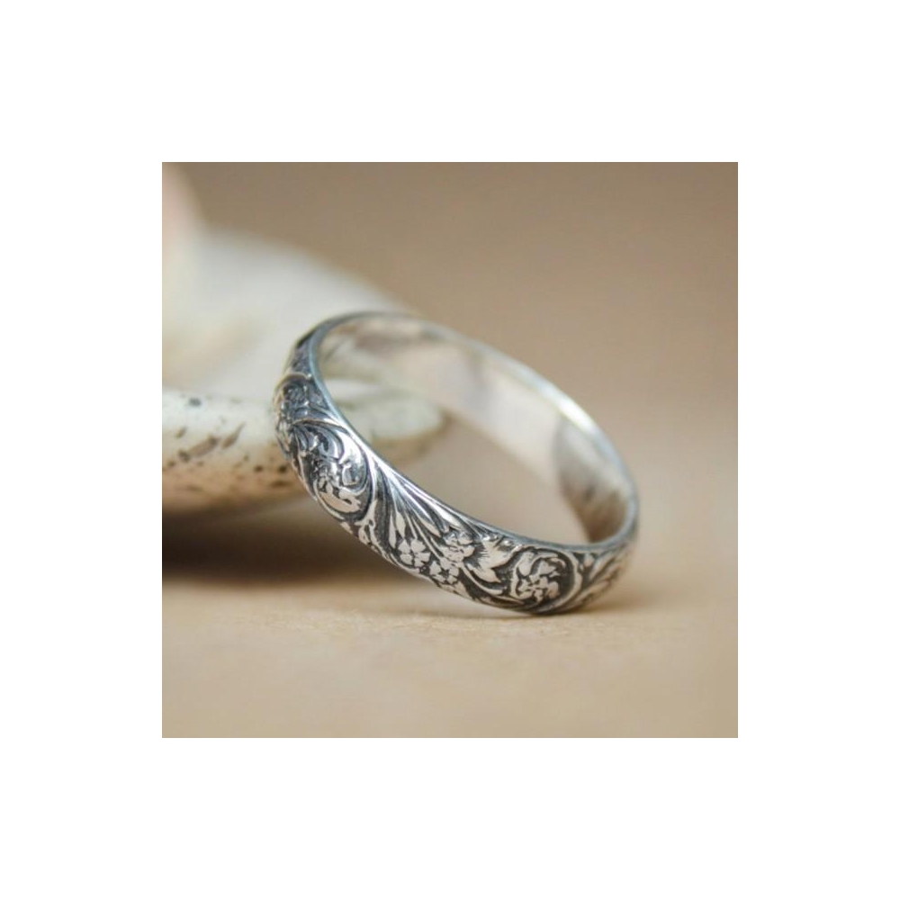 定制流行珠宝复古复古氧化925纯银雕刻银野花戒指