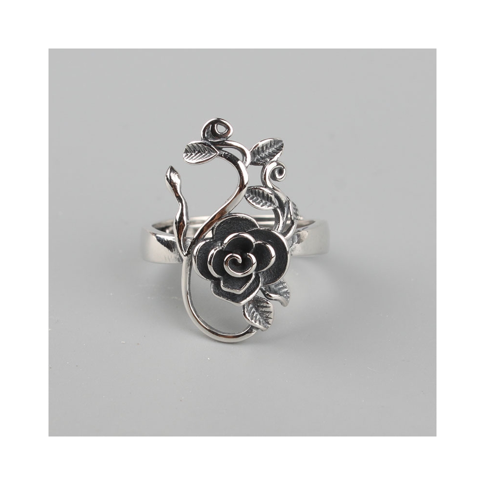 制造商妇女可调戒指定制氧化银黑色古董古董玫瑰花纯银戒指