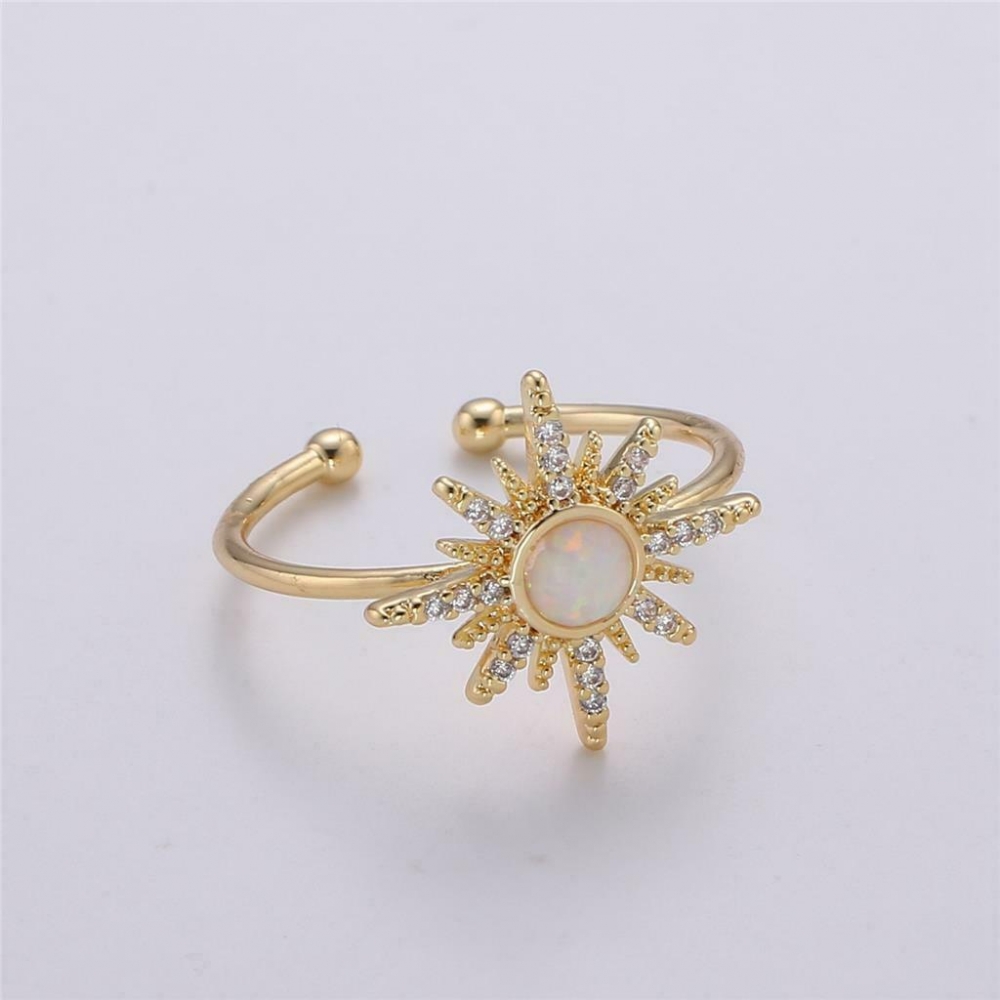 Manufacture adjustable real 18k yellow gold plated ring white fire opal cubic zirconia star flower open cuff rings