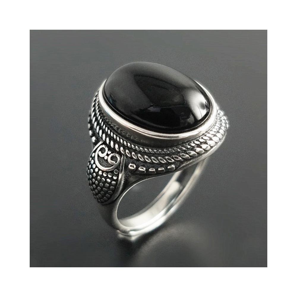 制造可调男子珠宝黑玛瑙雕刻复古黑色男子复古银黑色戒指