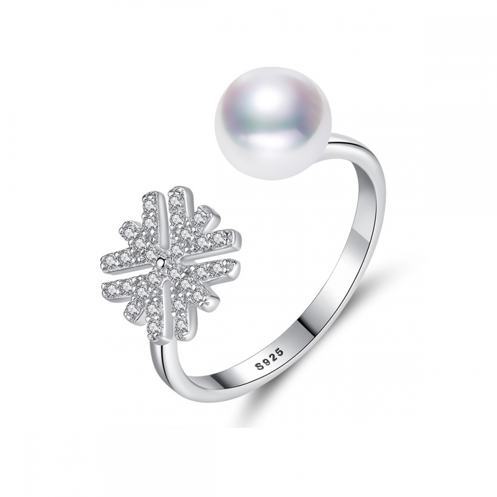 Wholesale open adjustable cz snowflower rings fine jewelry rhodium plated over 925  sterling silver pearl ring