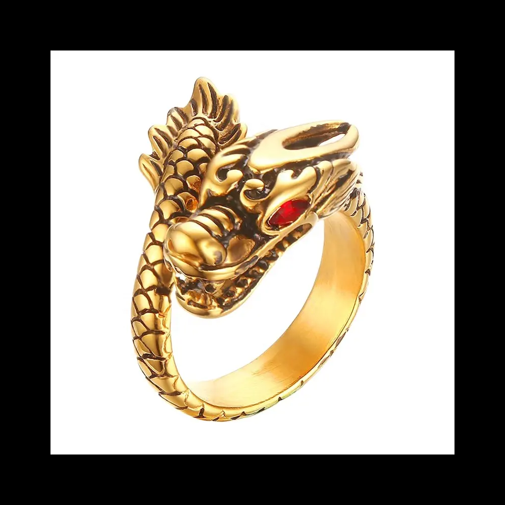 Manufacture men jewelry custom design gemstone cz retro vintage real gold plated dragon ring