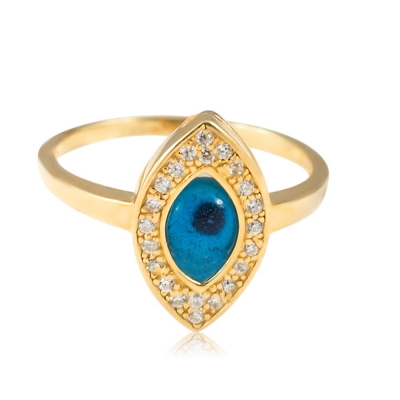 Manufacture fashion jewelry devil eye rings real 18k gold plated cubic zirconia blue glass evileye ring