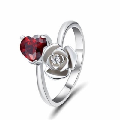 High quality design adjustable women rings gemstone jewelry garnet heart flower sterling silver 925 ring