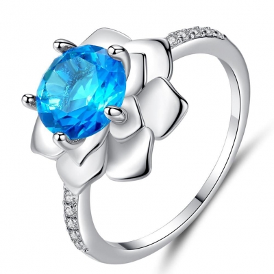 Custom design women jewelry blue cubic zirconia flower high quality 925 sterling silver ring women