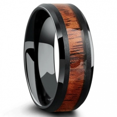 Manufacture channel core natural koa wood inlay fashion jewelry black gold stainless steel custom ring men