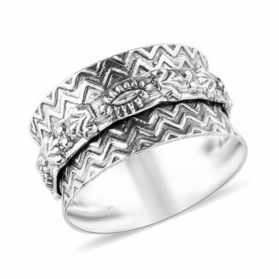Manufacture men ring jewelry vintage black engraved wave design wide band spinner ring silver