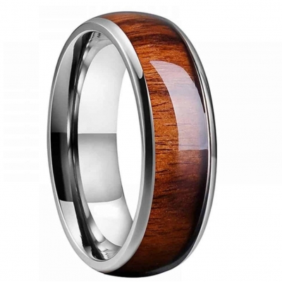 Custom wide band men ring jewelry polished channel core inlay natural koa wood ring stainless steel
